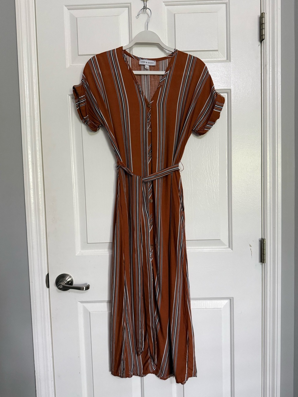 Piper & Scoot Rust Striped Button Front Midi Dress Size Small
